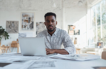 Obraz premium A professional photo of a man sitting at his desk in front of a laptop, wearing a shirt. 