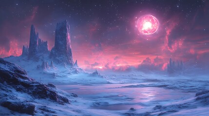 Pink glowing moon over a futuristic alien landscape with snow and ice