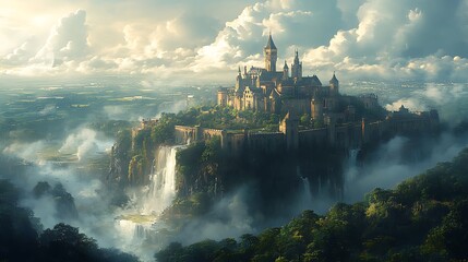 Fototapeta premium Fantasy castle on a cliff with a waterfall and clouds. Majestic, magical, epic landscape art.