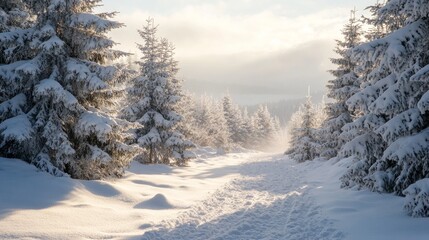 Fototapeta premium Snow-covered forest path during the early morning, featuring tall evergreen trees and soft sunlight filtering through the branches