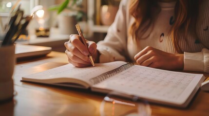 A woman is writing in a spiral bound notebook with a pen on a wooden table.