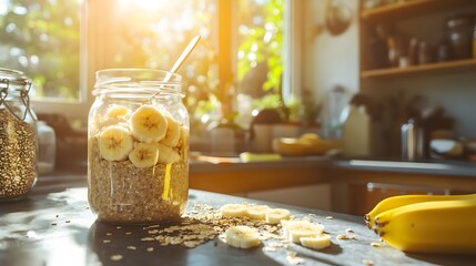 Naklejka premium A jar of overnight oatmeal filled with rolled oats, almond milk, sliced bananas, and chia seeds, dusted with cinnamon.