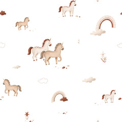 Seamless pattern with cartoon animals and rainbow for children's design. Hand drawn wallpapers of illustration of cute horse or unicorn on isolated background. Flowers and stones and clouds. © Ekatmart