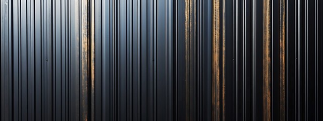  Black corrugated metal texture. Wall wooden vertical panels. Dark steel roof sheet. Wood siding for construction. 