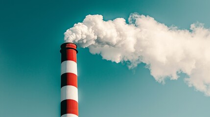 A red and white striped smokestack releasing white smoke against a clear blue sky. This powerful image highlights themes of industry, pollution, and environmental impact.