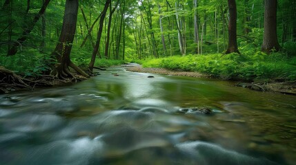 A tranquil stream flows through a lush, green forest, its water creating smooth, flowing patterns.