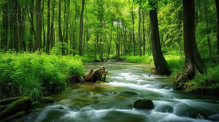 Obraz premium Serene Stream Flowing Through a Lush Green Forest.