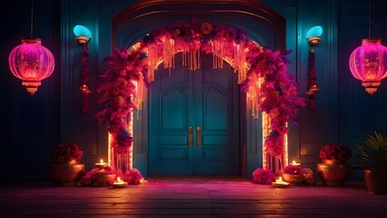 Obraz premium A Vibrant Entrance Decorated With Flowers, Lanterns, and Candles Showcasing a Festive Atmosphere at Night
