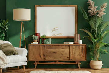A living room with a wooden entertainment center and a large potted plant.,