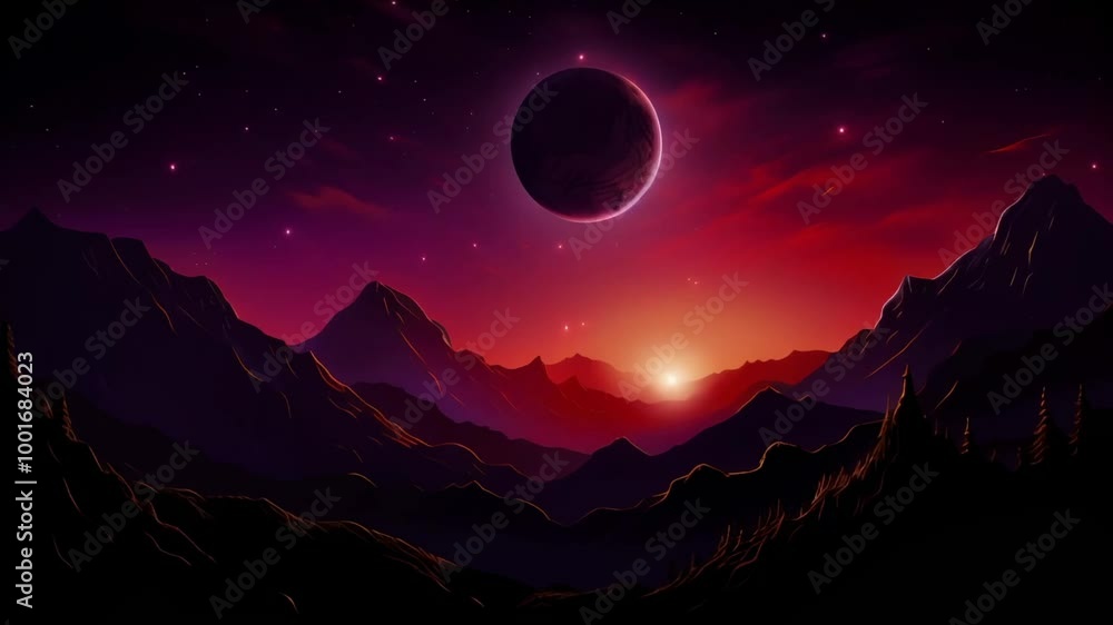 Aufkleber Beautiful alien world with mountain ranges is bathed in the red glow of a setting sun with another planet in the distance
