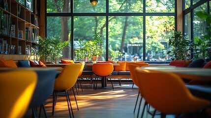 Sunlit cafe interior with colorful chairs and tables near large window