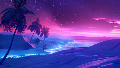 Neon vaporwave retro beach dunes background wallpaper backdrop. Relaxation, imagination, soothing tones, meditation, calm nature