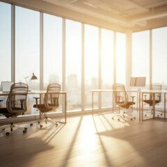 A sunlit, minimalist office with floor-to-ceiling windows and light wooden floors. Desks and chairs are neatly arranged, creating a calm, spacious, and energizing work environment. Computer render