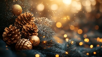 Obraz premium Christmas and New Year holidays background. Christmas tree with golden baubles and lights bokeh background. Space for text. Copy space. Greeting card. Artistic blur