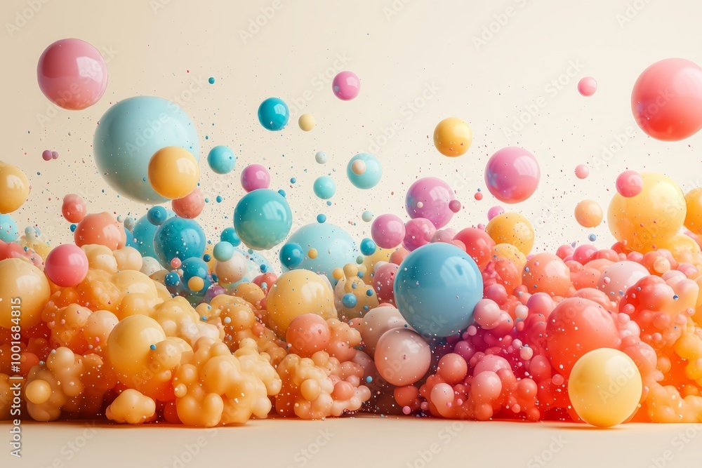 Poster a vibrant array of abstract pastel-colored spheres fills a soft beige background, showcasing dynamic