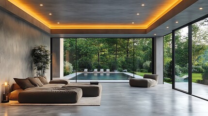 Modern living room interior design with swimming pool view and yellow ceiling lights