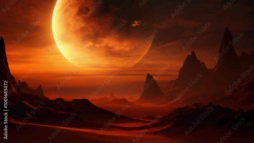 Poster giant red moon is hanging in the sky above a mountain range on an alien planet. the sky is red from 