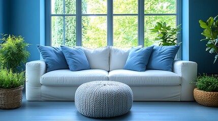 Modern living room interior with blue walls, white sofa, and grey ottoman