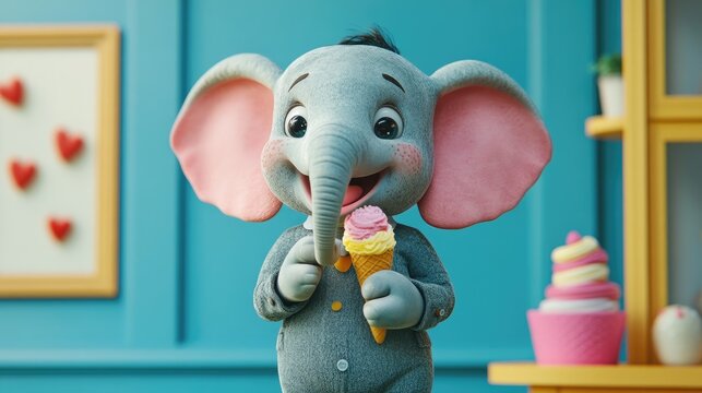 Cute Cartoon Elephant Eating Ice Cream in Colorful Room Adorable, Whimsical, Children's Illustration