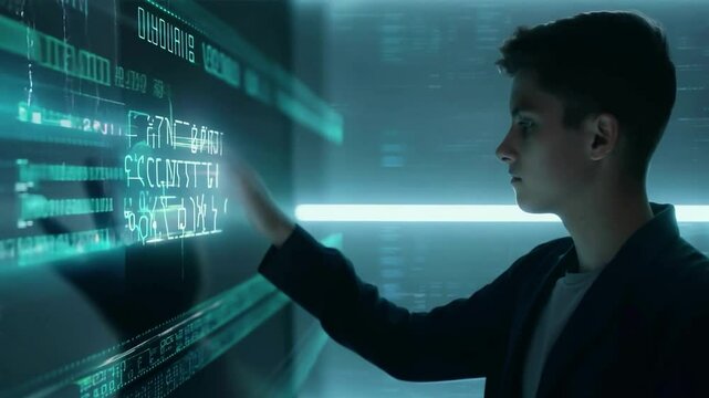 Young man analyzing digital data on a futuristic screen. Technology and data visualization concept. Design for tech poster, banner, or header.