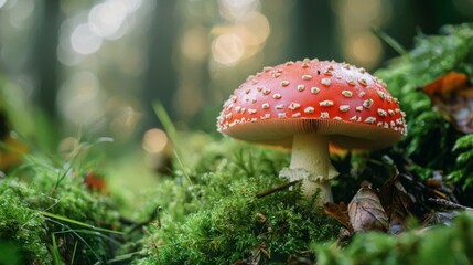 Close-up of a red fly agaric mushroom in a forest