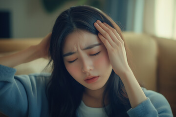 Fototapeta premium Young woman holding head in pain, feeling stressed and experiencing a headache, symbolizing physical discomfort, emotional strain, and mental health issues