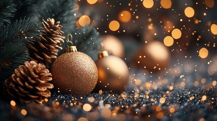 Christmas and New Year holidays background. Christmas tree with golden baubles and lights bokeh background. Space for text. Copy space. Greeting card.