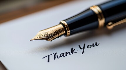 Fototapeta premium A minimalist thank you note elegantly written on a white table, captured with focus stacking techniques to highlight the text and pen in sharp detail