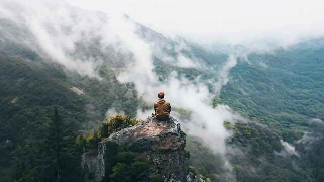 Man on top of a rock contemplating misty mountain view atop fog-covered forest. One with nature scene.