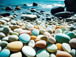 Obraz premium Vibrant, smooth pebbles of various colors lie on a scenic beach by the ocean. The sunny landscape and calm waters create a serene atmosphere.