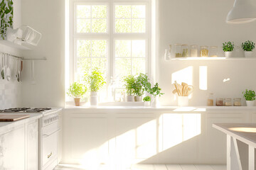 a bright sunlit kitchen with large windows features fresh potted plants on the countertops and shelves creating a warm and airy space
