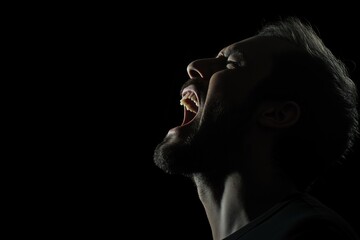 Side view of a bearded man screaming in darkness