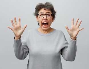 Middle-aged woman screaming in fear with hands raised in a studio setting