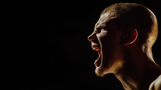 Side view of angry man shouting against black background