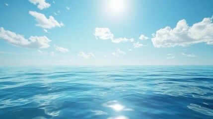 A clear blue sky with white puffy clouds over a calm, crystal-clear, blue ocean water with sun reflections.