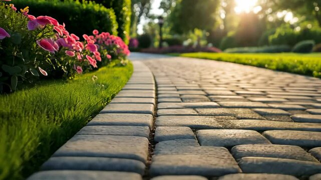 Stone path in a lush garden lined with vibrant pink flowers, bathed in warm sunlight, creating a peaceful and inviting scene.
