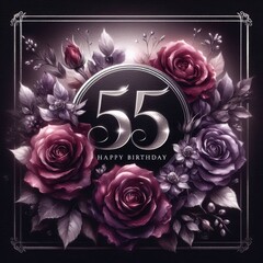 Elegant floral background featuring '55 Happy Birthday' in silver lettering.