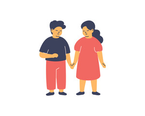 Boy and girl hold hands. Sister and brother or best best friends standing together. Love and care between siblings. Little elementary age preschool kids. Vector illustration