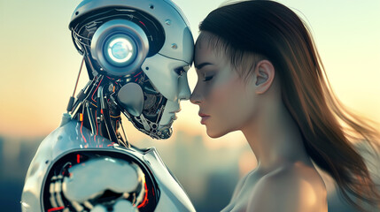Robot and woman love together, futuristic cyber loving couple, romance