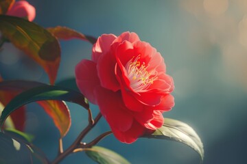 Obraz premium Vibrant Red Camellia Flower in Bloom - Nature Photography