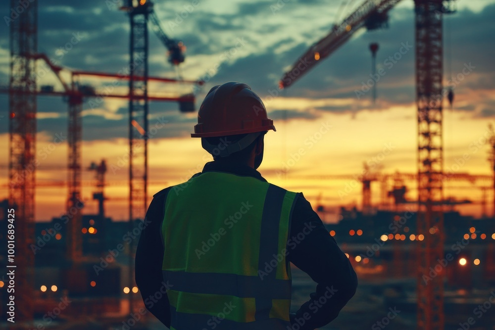 Wall mural worker observing construction site at sunset