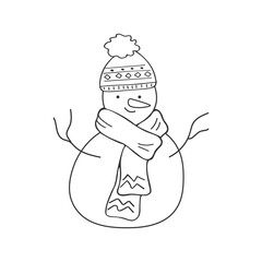 Funny Doodle Snowman with hat scarf mittens. Cute Winter Holiday seasonal Character. Outline sketch hand drawn element for Design. Christmas New Year Background. Frosty happy Snow man