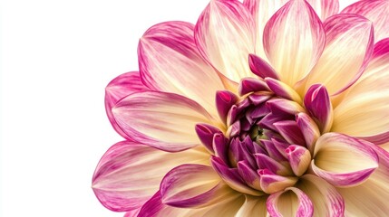 Obraz premium A close-up of a pink and white dahlia flower with a white background.