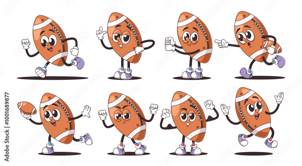 Poster set of cartoon retro football ball characters showcasing different emotions and poses with animated 