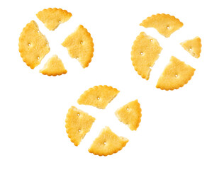 Broken round crackers isolated on white background, top view.