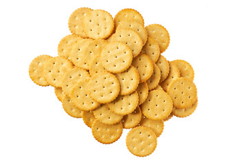 Heap of round salted crackers isolated on white background, top view.