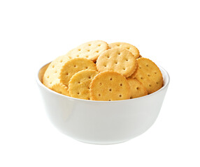 Round crackers in a bowl isolated on white background.