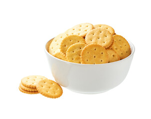 Salted crackers round shape in a plate isolated on white background.