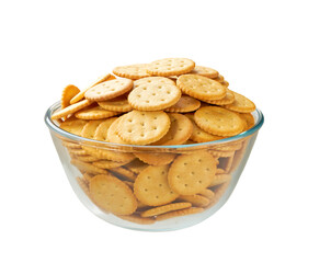 Round crackers in a clear glass bowl isolated on white background, full depth of field.