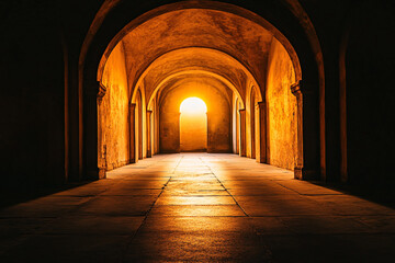 Fototapeta premium a majestic arched hallway is filled with sunlight casting a warm glow through the corridor creating soft shadows and a peaceful ambiance 